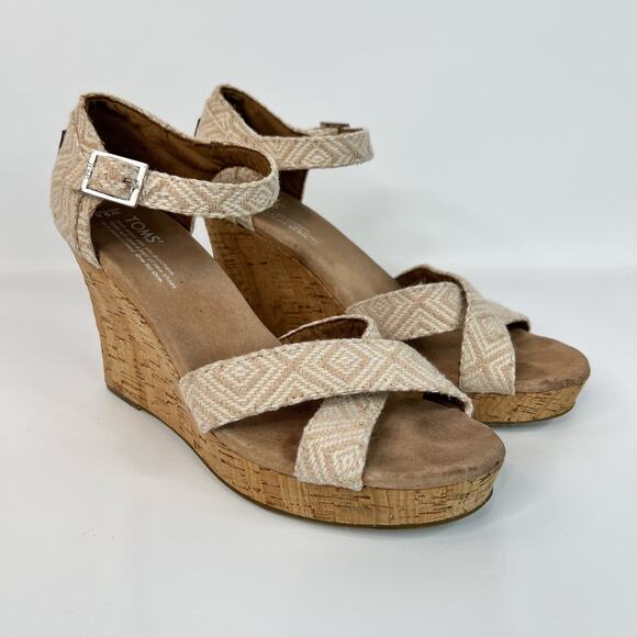Toms Platform Cork Wedge Sandal Size 9.5 Strappy Canvas Beige Cream Espadrille - Picture 1 of 9